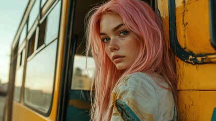 Fototapeta premium Young woman with pink hair near a yellow bus