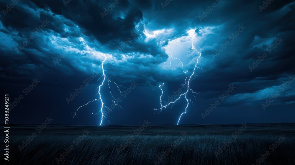 Poster a dramatic view of a massive lightning storm over a vast plain, with multiple bolts striking the gro