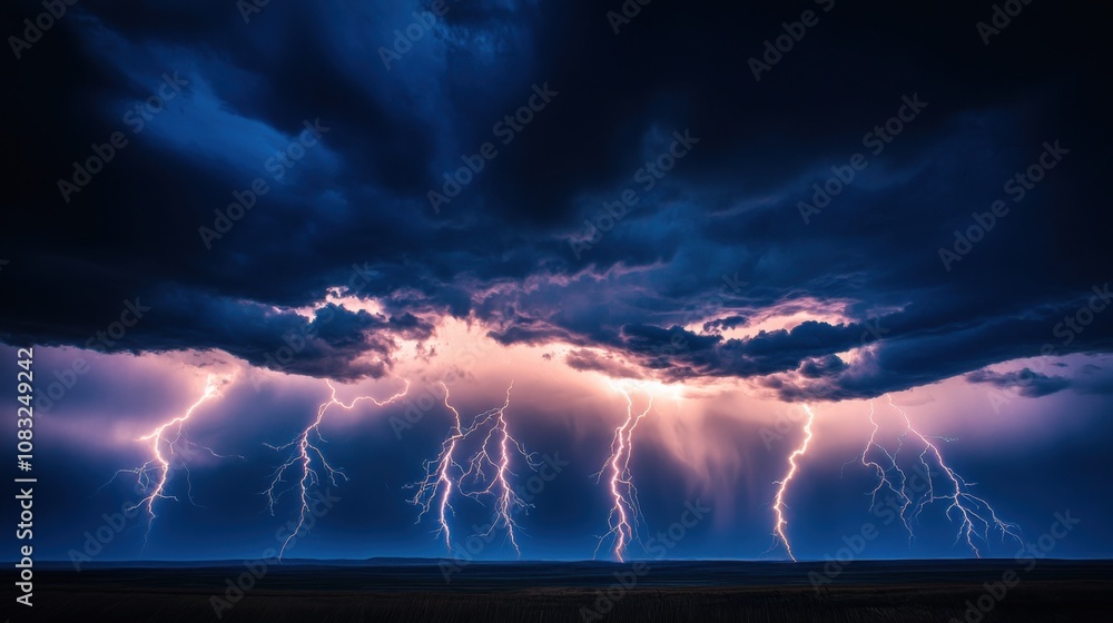 Poster a dramatic view of a massive lightning storm over a vast plain, with multiple bolts striking the gro