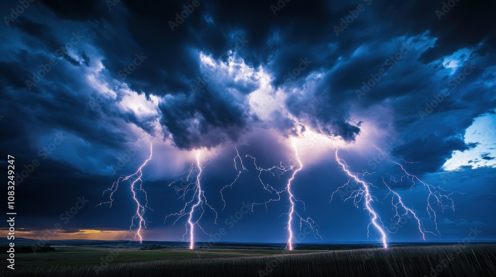 Poster a dramatic view of a massive lightning storm over a vast plain, with multiple bolts striking the gro