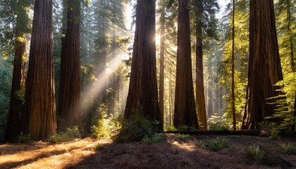 Obraz premium Towering Redwood Trees Reaching Up to the Sky, Casting Long Shadows Across the Forest Floor, as the Early Morning Light Filters Through the Canopy Creating a Serene Scene