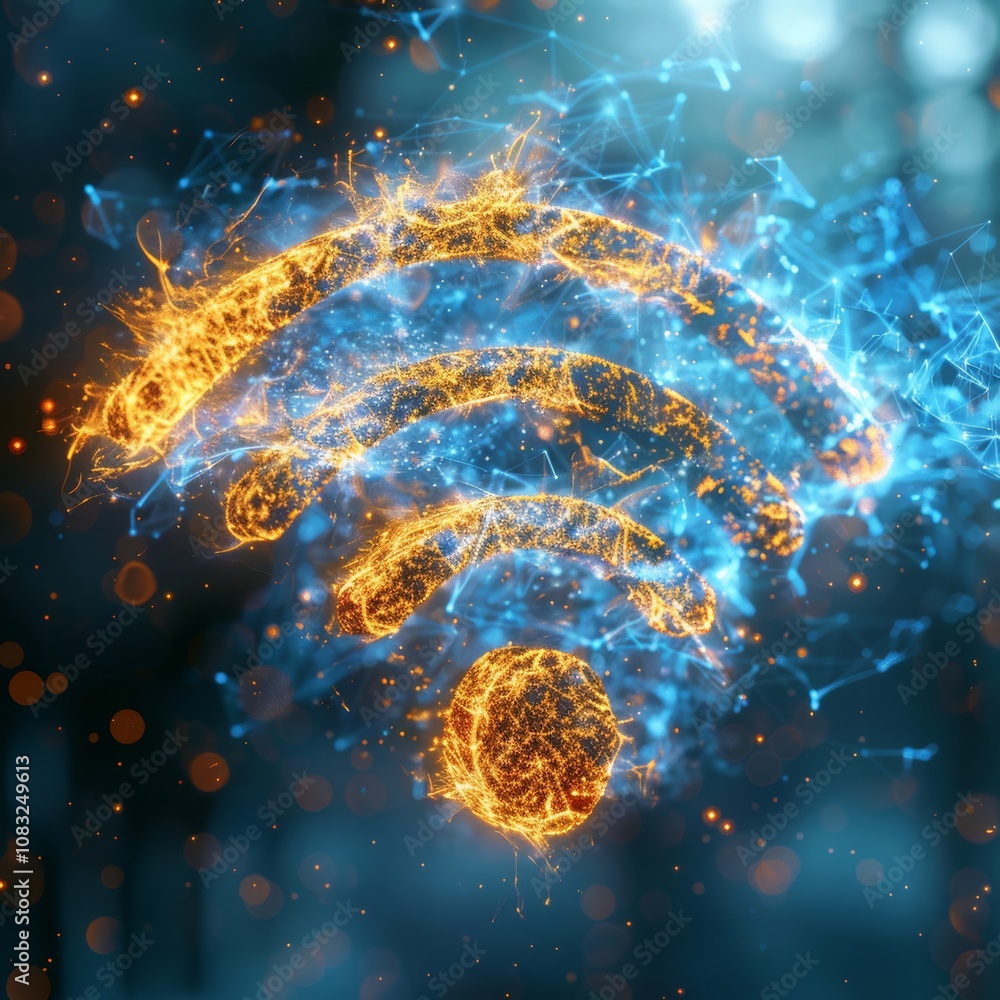 Poster a dynamic wireless signal icon is illuminated with bright orange and blue colors against a dark back