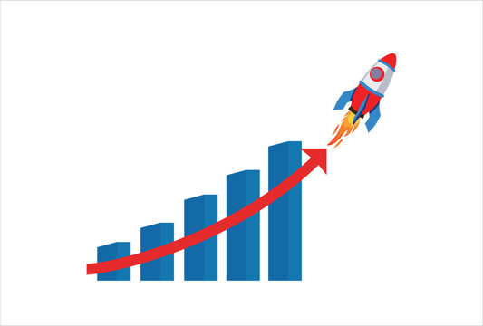 Exponential growth or compound interest, investment, wealth or earning rising up graph, business sales or profit increase concept, financial report graph with exponential arrow from flying rocket.