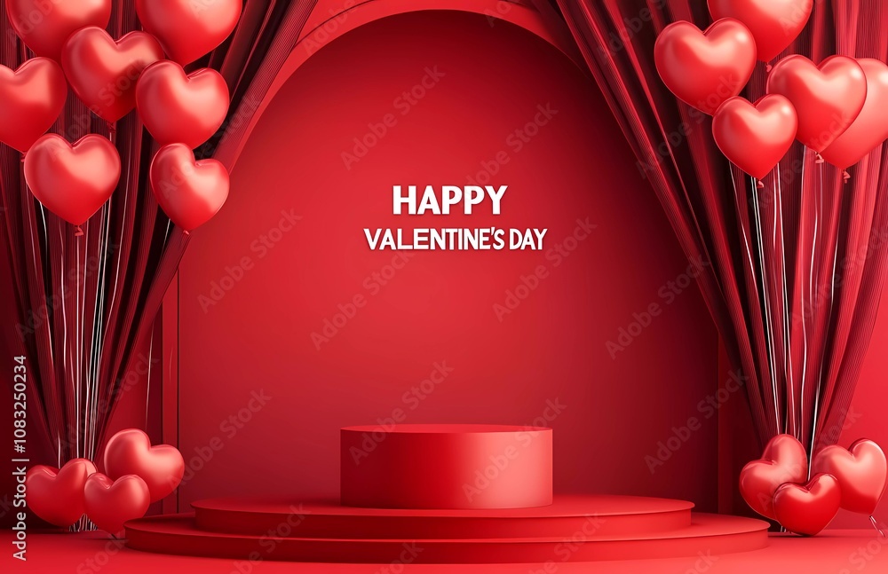 Aufkleber abstract red background with an empty podium and heart-shaped balloons for happy valentine's day. pe