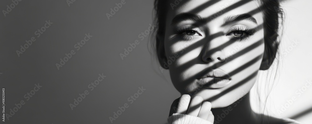 Poster a black and white portrait of a person with shadows creating patterns.