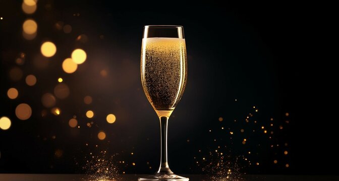 Una copa de cristal alta con champagna espumosa en un fondo oscuro