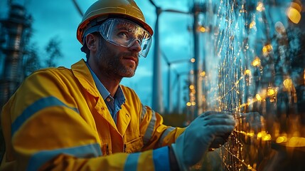 A worker in safety gear inspects electrical equipment near wind turbines at dusk, highlighting the intersection of renewable energy and safety.