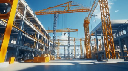 Naklejka premium Construction site with multiple cranes and unfinished buildings under a clear sky.
