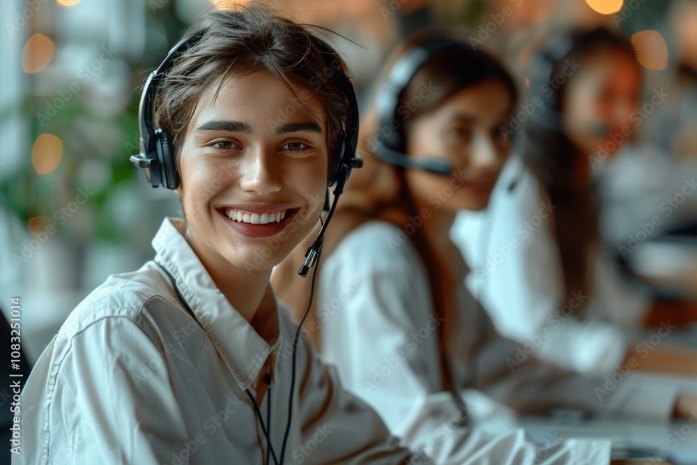 Poster a cheerful young man wearing a headset smiles while working at a desk in a customer support setting.