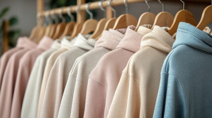 Fototapeta premium Stylish hoodies in soft pastels arranged neatly on wooden hangers