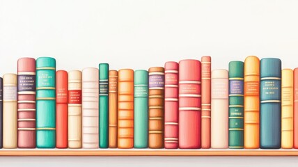 A colorful collection of vintage books on a wooden shelf.
