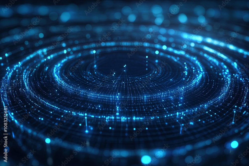 Poster Abstract blue light patterns create a mesmerizing wave effect in a dark environment during a digital art display. Generative AI