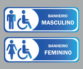 Placas para Banheiro Retangular, Masculino e Feminino. Nas Cores Branca e Azul Gradiente.