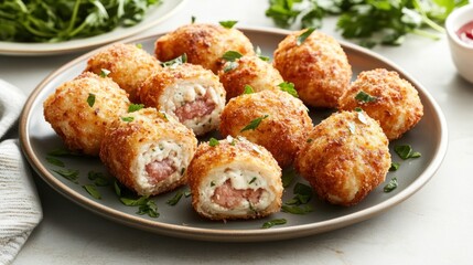 Fototapeta premium Chicken cordon bleu bites arranged on a plate, golden brown, garnished with fresh herbs 