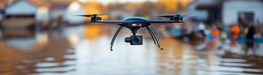 Obraz premium A drone captures flood scenes over water with scenic backgrounds.