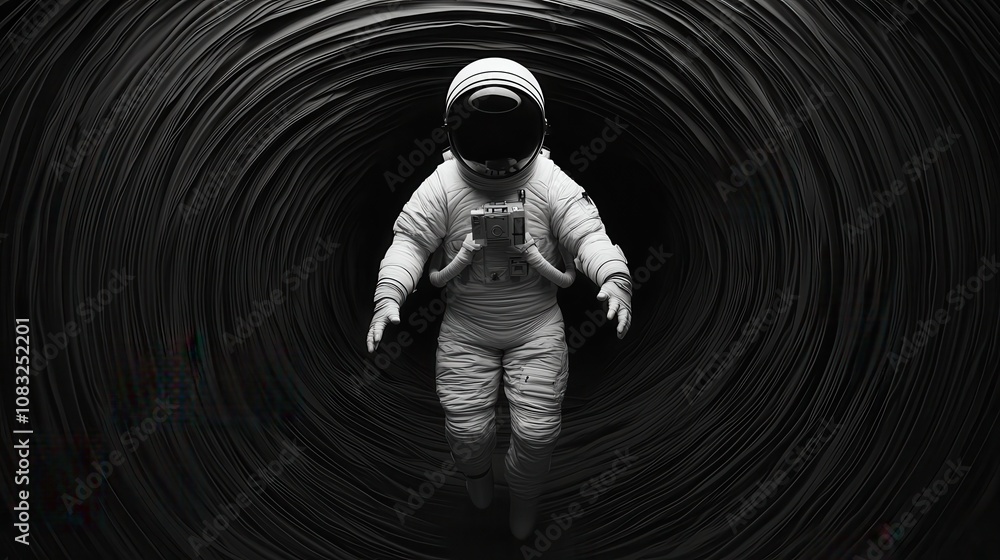Poster astronaut floating in a black vortex space digital art sci-fi central view exploration