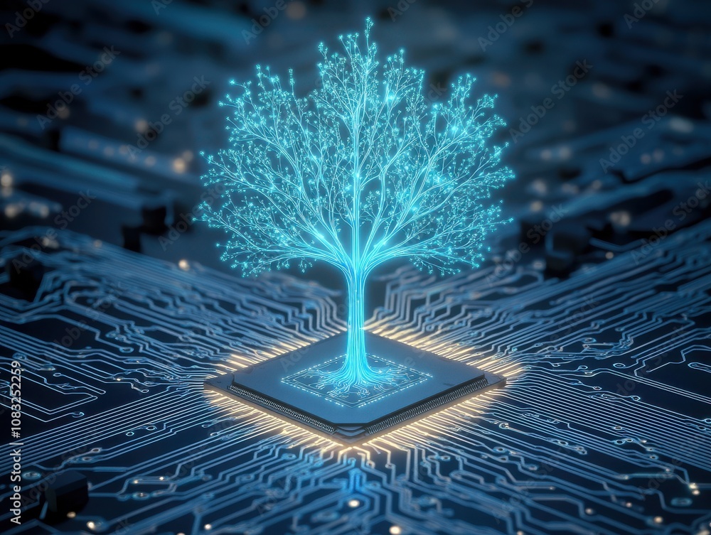 Poster a glowing tree on a microchip symbolizing nature and technology.