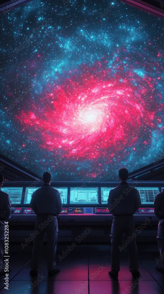 Poster astronomical observation by scientists space command center digital art sci-fi wide angle cosmic exp