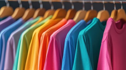 Fototapeta premium Colorful T-shirts neatly aligned in a modern clothing store