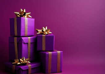 Fototapeta premium Purple Gift Boxes with Gold Bows on Magenta Background