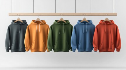 Hoodies in various colors showcased on wooden hangers