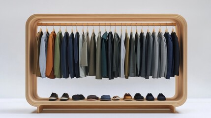 Bright array of clothing displayed on a sleek wooden rack