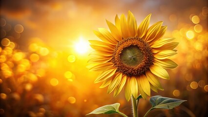Obraz premium A vibrant yellow sunflower with a backdrop of soft golden bokeh, capturing the essence of a warm summer evening.