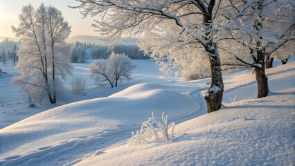 Obraz premium Serene Winter Wonderland: Snow-Covered Landscape with Drifted Snow and Frosty Trees, Perfect for Candid Photography and Nature Lovers