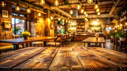 Fototapeta premium Rustic wooden table surface with blurred background of a cozy cafe with warm lighting and rustic decor