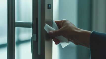 Obraz premium Close-up of a cleaner’s hand sanitizing a door handle with a disinfectant wipe. Hygiene, cleanliness,germ prevention,healthcare, public safety, sanitation awareness, workplace hygiene