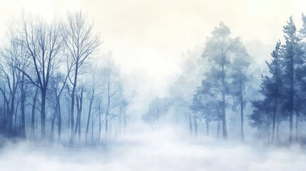 Fototapeta premium An abstract watercolor scene of a fog-laden forest, with a subtle winter chill in the air, tree lines softly blending into a misty ambiance on a transparent canvas.