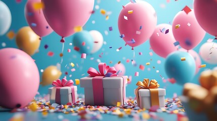 Celebration scene with colorful balloons and gifts party room festive atmosphere close-up view joyful concept