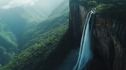 A majestic view of Angel Falls cascading from a cliff into the dense Venezuelan jungle, Angel Falls scene, Grand style