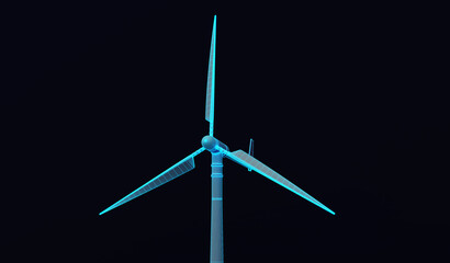 Abstract blue low poly wind turbine. Green renewable energy electricity concept. Wind turbine with propeller. Green energy concept. Alternative source of energy wireframe structure 