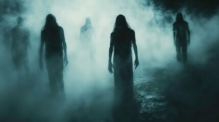 Fototapeta premium Mysterious silhouettes of unknown figures shrouded in an eerie gloomy fog creating an atmosphere of suspense trepidation and the unseen