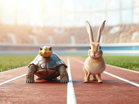 A turtle and a rabbit ready for a race on a running track.