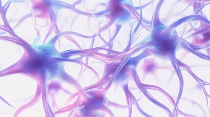 Fototapeta premium A complex network of interconnected nerve cells in soft hues of purple and blue, each cella??s axon glowing, creating a sense of movement against a white background