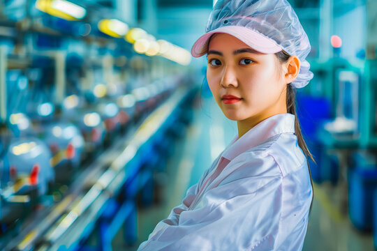 Asian female factory worker standing near production line