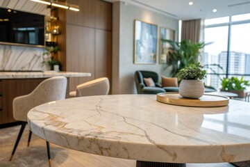 Obraz premium Modern Apartment with Marble Stone Countertop Rounded Table for Stylish Product Display in Contemporary Setting