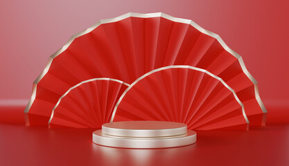 Chinese New Year style red one podium product showcase with gold and China fold fan, holiday traditional festival concept