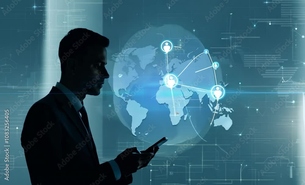 Poster businessman navigating digital world map with smartphone symbol of global connectivity and technolog