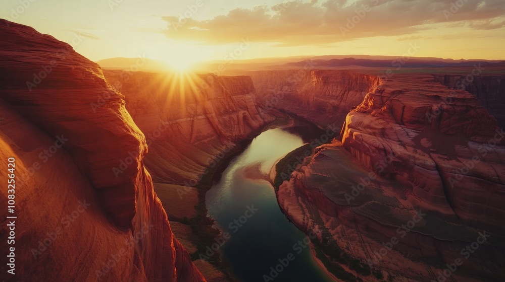 Aufkleber a mesmerizing view of a canyon with red rock formations and a winding river at the bottom, bathed in