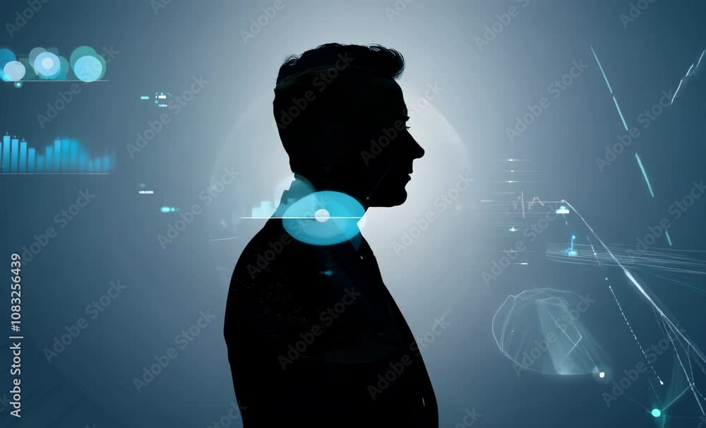 Poster futuristic silhouette of man with digital elements and abstract data visuals, showcasing technology,