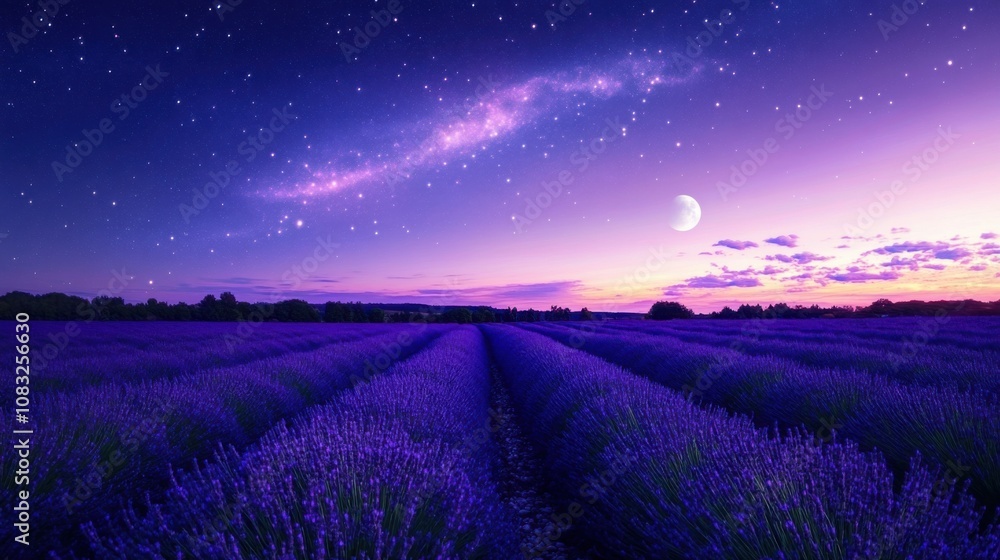 Poster a mesmerizing view of a lavender field at twilight, with rows of purple flowers under a sky filled w