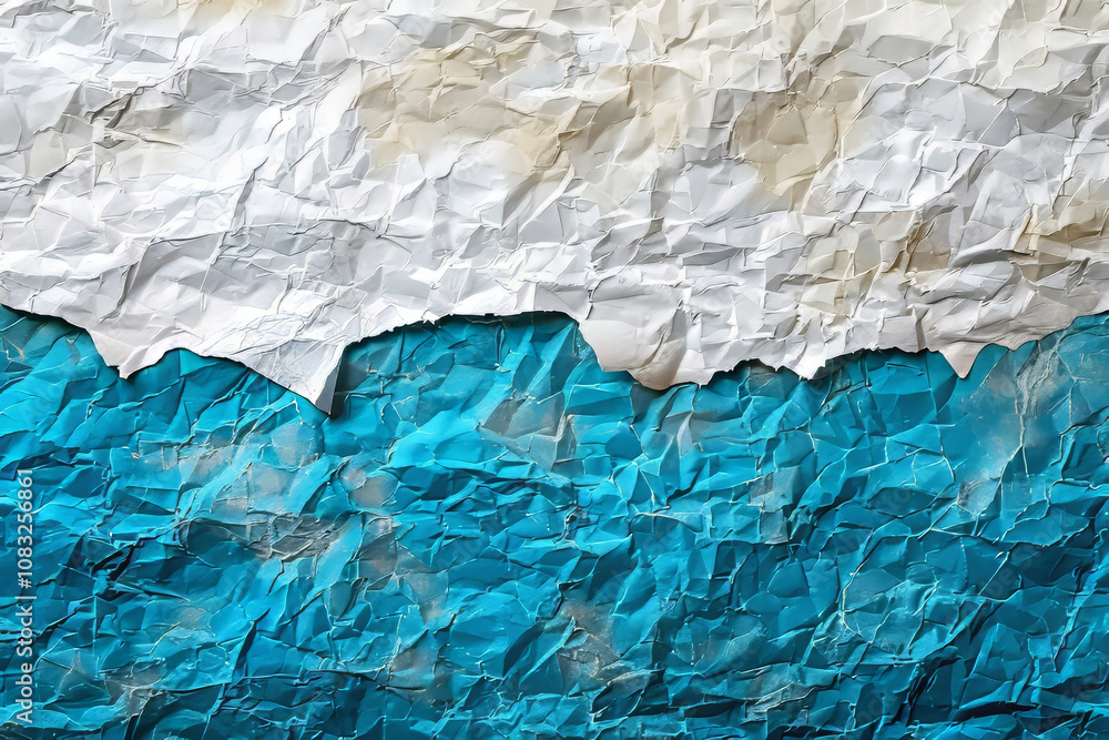 Poster a creative representation showcases textured paper resembling a calm ocean with vibrant blue tones a