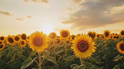 Obraz premium A mesmerizing view of a vast sunflower field with golden blooms under a dramatic sunset sky, Sunflower field scene, Radiant style