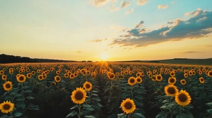 Obraz premium A mesmerizing view of a vast sunflower field with golden blooms under a dramatic sunset sky, Sunflower field scene, Radiant style