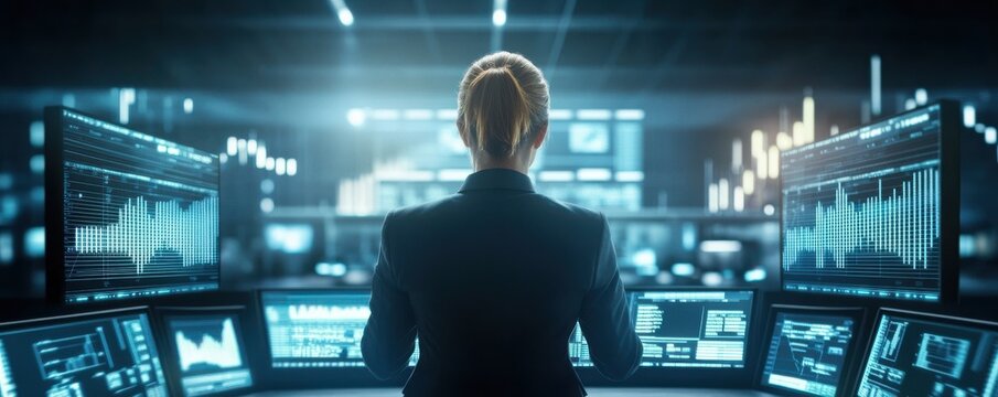 A woman analyzing data on multiple screens in a tech environment.