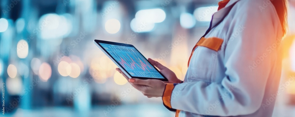 Poster a worker analyzing data on a tablet in a modern industrial setting.
