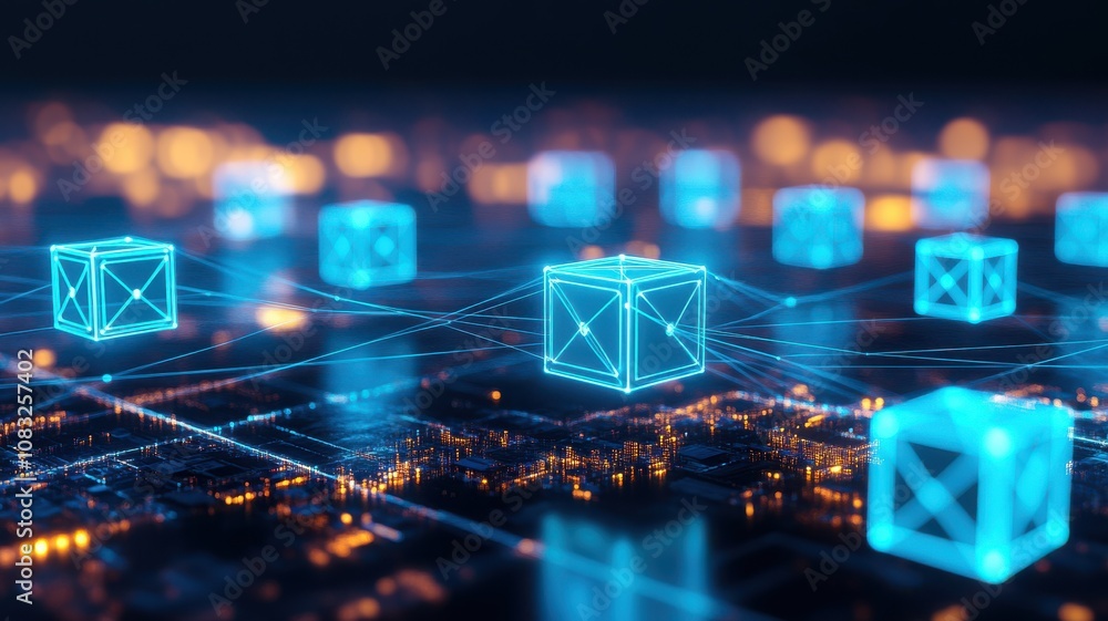 Poster abstract digital blockchain network with glowing cubes.